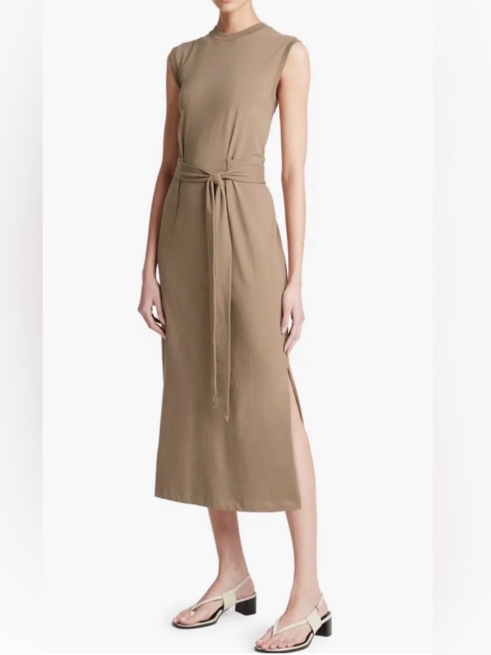 VINCE Sleeveless Tie-Waist Cotton Midi Dress in Tan